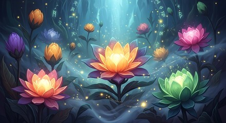 A digital illustration depicts a fantastical scene of glowing, brightly colored lotus-like flowers set in a dark, mystical forest or cavern. The flowers are various shades of purple, orange, pink, and