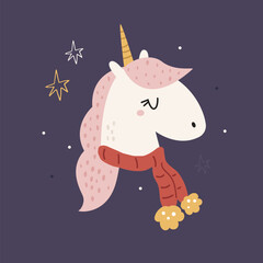 Cute Christmas Unicorn Head in Scarf. Magical Animal Vector Illustration with Stars on Dark Background.