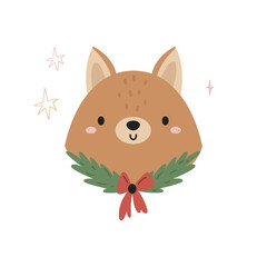 Adorable Christmas Fox Face Graphic. Simple Cartoon Holiday Animal Design with Garland and Stars for Greeting Card or Sticker