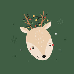 Cute Christmas Reindeer Head with String Lights on Antlers. Kawaii Winter Animal Vector Illustration on Dark Green Background.
