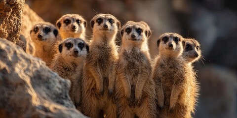 Group of Alert Meerkats Standing on Rock in Natural Habitat, Displaying Social Behavior and Watchfulness in Their Environment