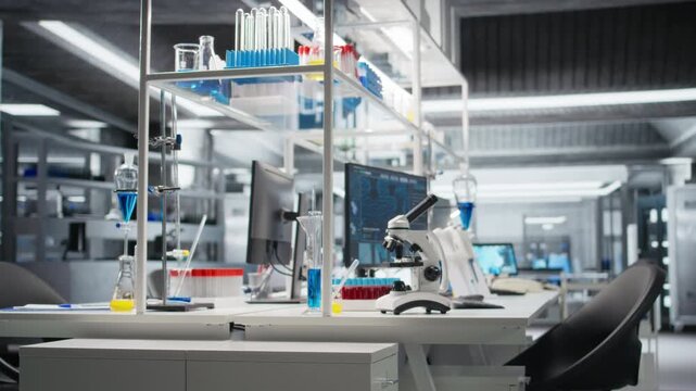 Clinical microscope used for sample examination in empty hospital diagnostic lab next to computer. Optical device gear on medical laboratory workbench and DNA software on PC monitor, panning shot