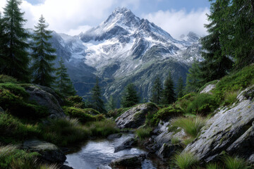 Obraz premium Majestic mountain landscape with serene stream and lush greenery in daylight