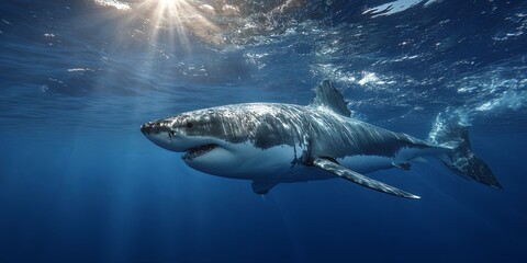 Fototapeta premium Majestic Great Shark Swimming Gracefully Beneath the Clear Blue Ocean Surface in Natural Habitat with Sunlight Sparkling on Water