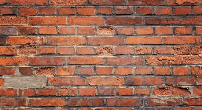 Old Red Brick Wall with Cracked Mortar Texture stock photo