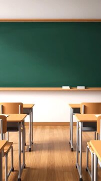 An empty classroom with desks, chairs, blackboard, and a wooden floor, ready for education