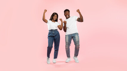 Obraz premium A young black couple expresses their excitement by shaking clenched fists and smiling at the camera. They stand in front of a pink background, showcasing their happiness and joy together.