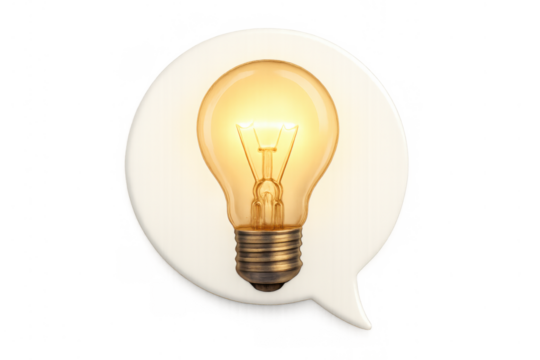 Illuminating lightbulb inside a white speech bubble symbolizing bright ideas, creative thinking, inspiration, and communication