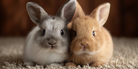 Obraz na płótnie Canvas Adorable rabbits sitting side by side on a soft carpet, showcasing their fluffy fur and charming expressions in a cozy indoor setting