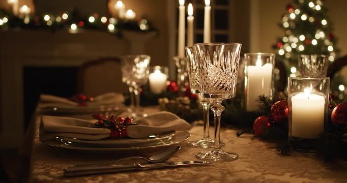Christmas dinner table with shimmering crystal glasses and flickering candles.