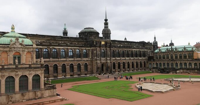 Dresden Germany Zwinger palace courtyard historic. Industrial center of East Germany, now unified German, European Union (EU). Total destruction in WW II and now rebuilt historically along Elbe River.