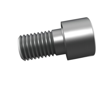 Macro View 3D Rendering of a Silver Precision Machine Part | Isolated Industrial Threaded Fastener, High-Resolution Metal Bolt Component, and Internal Hex Socket for Workshop Equipment Design