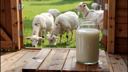 Refreshing dairy beverage on rustic wood table with goats peacefully grazing in the background - Powered by Adobe