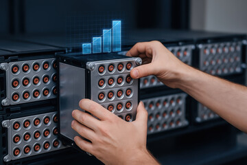 Machine learning concept with hands installing hardware module across data center industries for advanced computing and growth