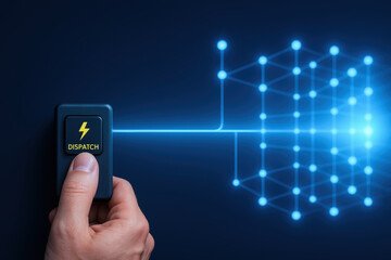 Machine learning concept with hand pressing dispatch button connected across industries network in futuristic technology design