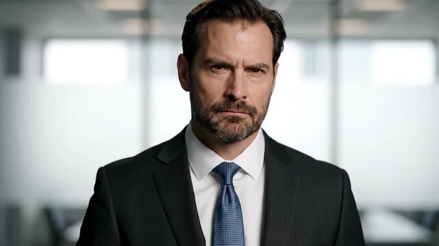 Man in suit raises hand, solemn expression, indoors with blurred background