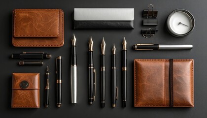 Elegant Stationary Set Including Fountain Pens And Leather Accessories Arranged On A Dark Textured Surface In Soft Diffused Daylight