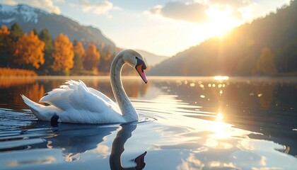 Elegant white swan glides serenely on a calm lake reflecting warm golden sunlight filtering through autumn trees on rolling hillsides