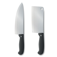 Vector 3d Chef Knife Icon Set, Top View. Stainless Steel Kitchen Knife, Isolated. Kitchen Knife with Black Handle. Chef Knife Clipart, Design Template