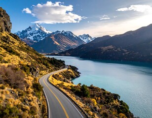 Winding road along a turquoise lake against a mountain backdrop
