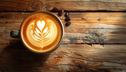 Overhead View of a Steaming Cup of Coffee with Latte Art and Roasted Beans on a Rustic Wooden Table with Soft Natural Light