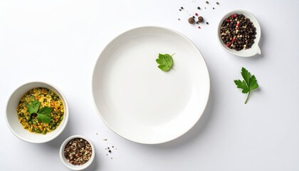 Overhead view of a white ceramic plate garnished with a single green leaf surrounded by two bowls of salad and peppercorns on a clean white surface