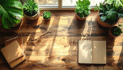 Overhead View Of A Rustic Wooden Desk With Potted Green Plants Notebooks And An Open Book Bathed In Sunlight Through A Window