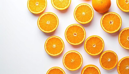 Overhead view of vibrant orange citrus fruit slices scattered across a clean white background in a refreshing natural light setting