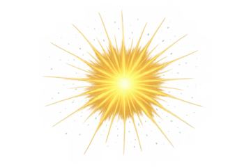 Gold sun glow from center, generating bright light rays and sparkling bokeh particles on a transparent alpha channel