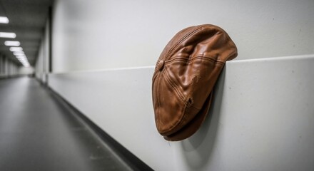 Fototapeta premium Lost brown leather cap left in an empty hallway. Forgotten vintage hat on a ledge with selective focus. Loneliness and memory concept with copy space