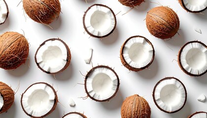 Pattern of Whole and Halved Coconuts on a White Background With Scattered Coconut Shell Fragments and Golden Sprinkles