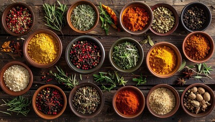 Overhead View of Assorted Colorful Spices in Rustic Bowls on a Dark Wooden Surface with Natural Green Herbs and Berries