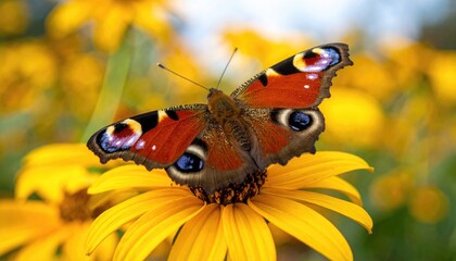 Peacock Butterfly With Intricate Orange And Black Wings Rests On A Bright Yellow Flower During Daytime With A Soft Focus Background Of More Yellow Flowers And Greenery