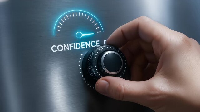 Confidence dial adjustment by hand turning metallic surface illustrates AI agent workflow automation technology boosting trust control and confidence