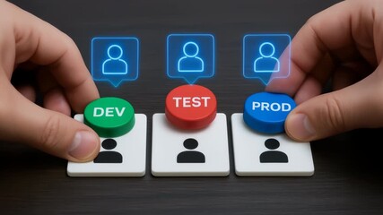 Development agent workflow automation with buttons for development test production stages held by hands representing user technology process - Powered by Adobe