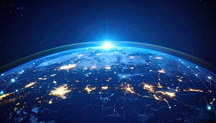 Earth From Space At Night Showing City Lights With Sunrise On Horizon And Starry Sky Background