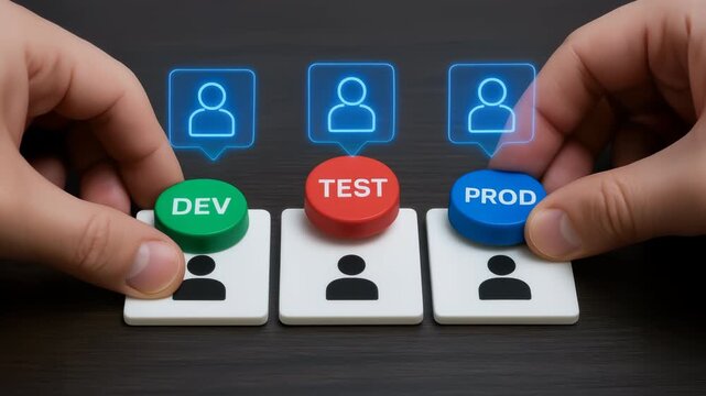 Development agent workflow automation with buttons for development test production stages held by hands representing user technology process - Powered by Adobe