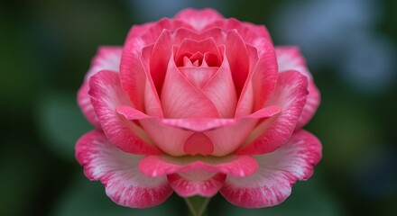 Close up of a blooming pink rose with white edges against a blurred background