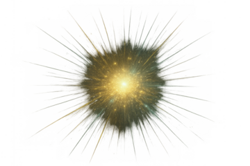 Abstract yellow light explosion with glowing flare, sparkling stars, and burst effect on transparent background