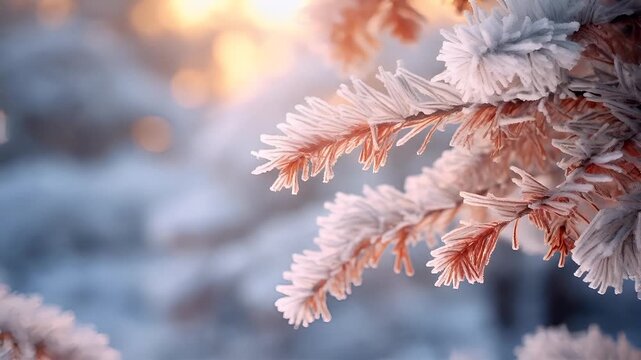 frostcovered pine tree branches during winter, with a bokeh effect in the background and a warm, golden light illuminating the scene.