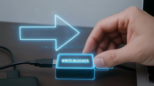 AI cybersecurity threat defense with write blocker device for data protection and secure digital transfer ensuring robust information security