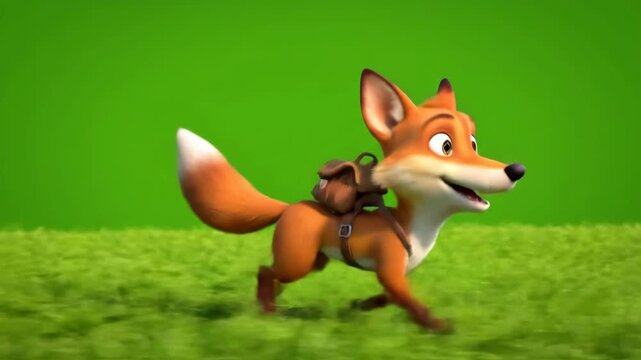 Animated Fox with Brown Backpack Running Across Green Grass Field Animated Fox Character with Detailed Fur and Playful Expression Full Shot in Green