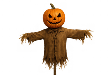 Scary halloween pumpkin scarecrow jack-o'-lantern character with straw arms and creepy smile, isolated on transparent background