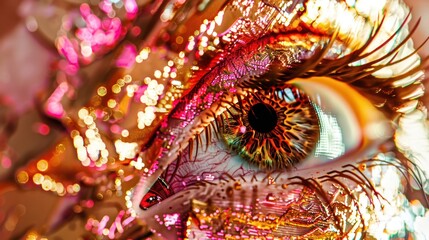Close-up of Colorful Human Eye with Vibrant Makeup and Glittering Details