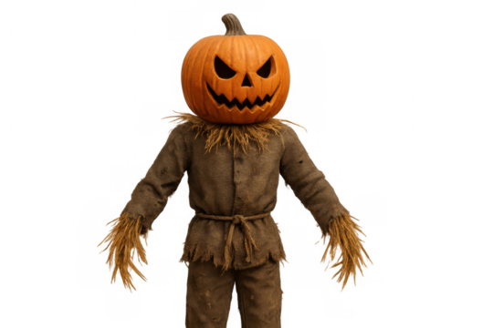 Scary halloween scarecrow with carved pumpkin head standing, embodying spooky horror and eerie mystery with transparent background