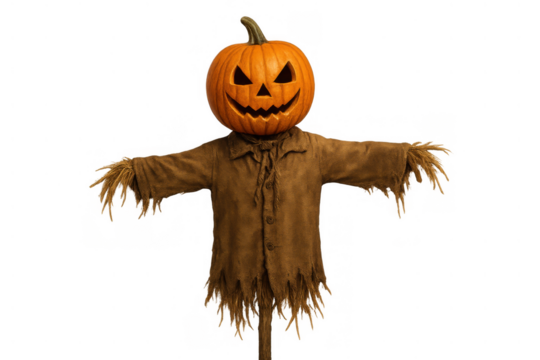 Scary halloween pumpkin scarecrow jack-o'-lantern character with straw arms and creepy smile, isolated on transparent background