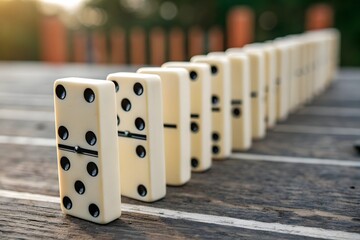 Domino pieces standing in a row ready to be knocked over