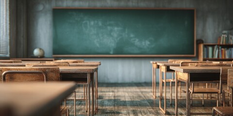 Fototapeta premium Clean and Empty Classroom with Green Chalkboard Ready for Lessons and Creative Teaching Activities in an Educational Environment