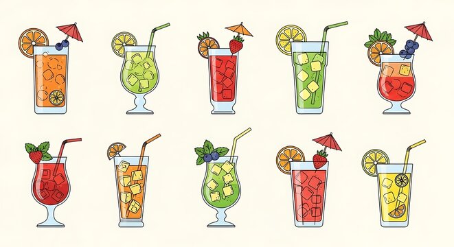 Colorful Cocktail Collection - Refreshing Summer Drinks Illustration.