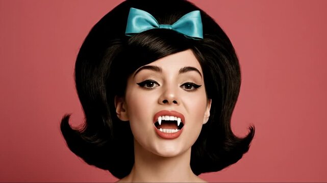 Vampire Woman with Voluminous 60s Hairstyle Revealing Fangs Close-Up